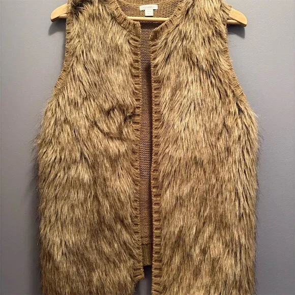 Xhilaration Sweater Vest Womens Size M Brown Faux Fur Open Front Knit - Picture 1 of 8